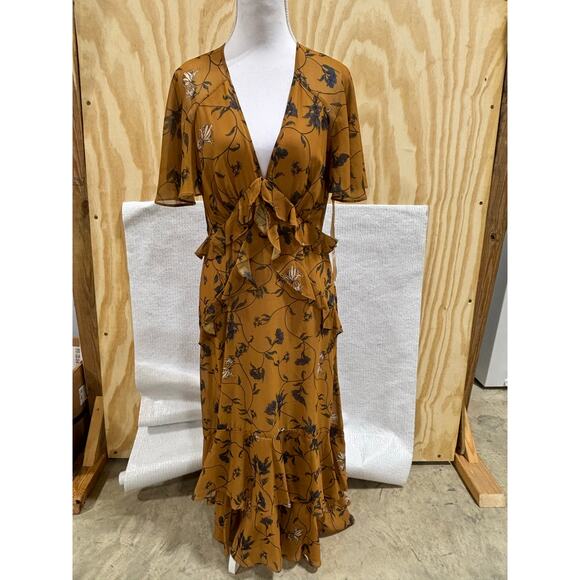 Gianni Bini Floral Maxi  Brown Ruffle Tiered Short Sleeve Size M Boho Romantic - Picture 2 of 7